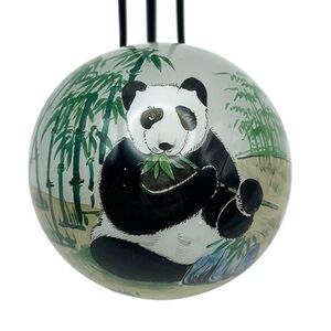 Panda Bear Ornament Hand Painted Round Art Glass in Box Collectible Green Black